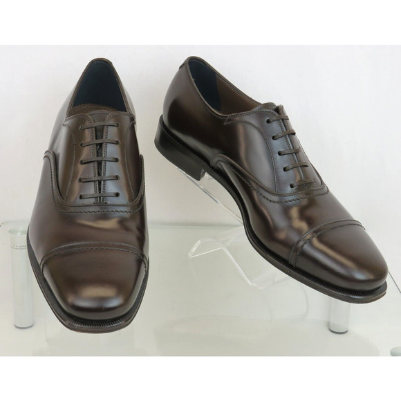 NIB FERRAGAMO SEUL DARK BROWN POLISHED LEATHER CAP TOE LOGO OXFORDS 11.5 EE main image 8